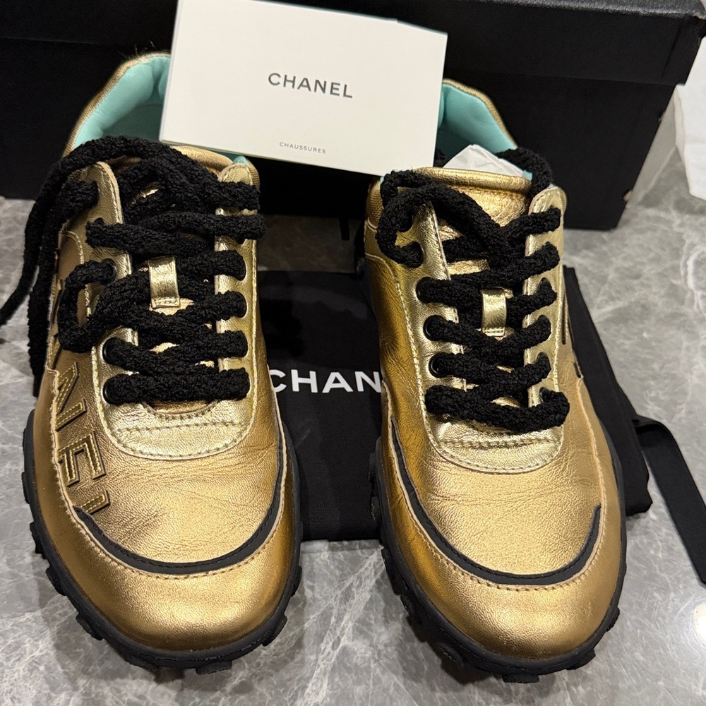 CHANEL Metallic Gold Sneakers with Black Accents NWT